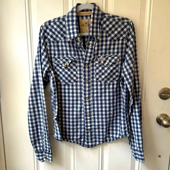 Hollister snap button shirt size medium blue white check western style - Picture 1 of 6